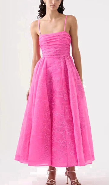İşlemeli Fit ve Flare Midi Askılı Elbise Pembe